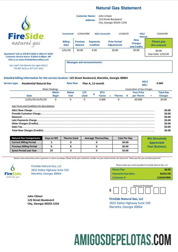 Para baixar modelo de conta de serviços públicos de gás natural FireSide dos EUA Califórnia em formato Word e PDF